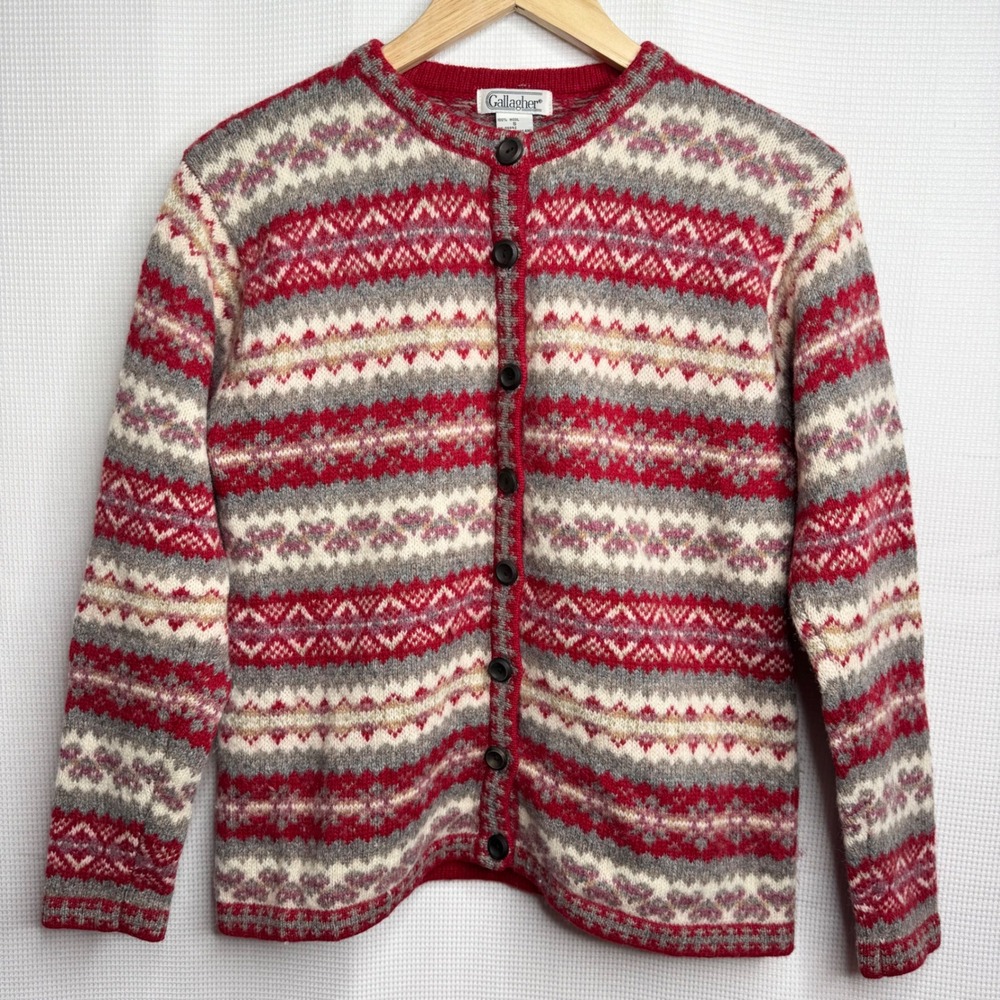 Vintage Gallagher 100% Wool Fair Isle Cardigan Sweater Red Grey Cream Small